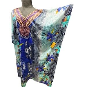 Gold Coast Tropical Satin Kaftan NWT House Dress Mumu One Size Snakeskin Blue